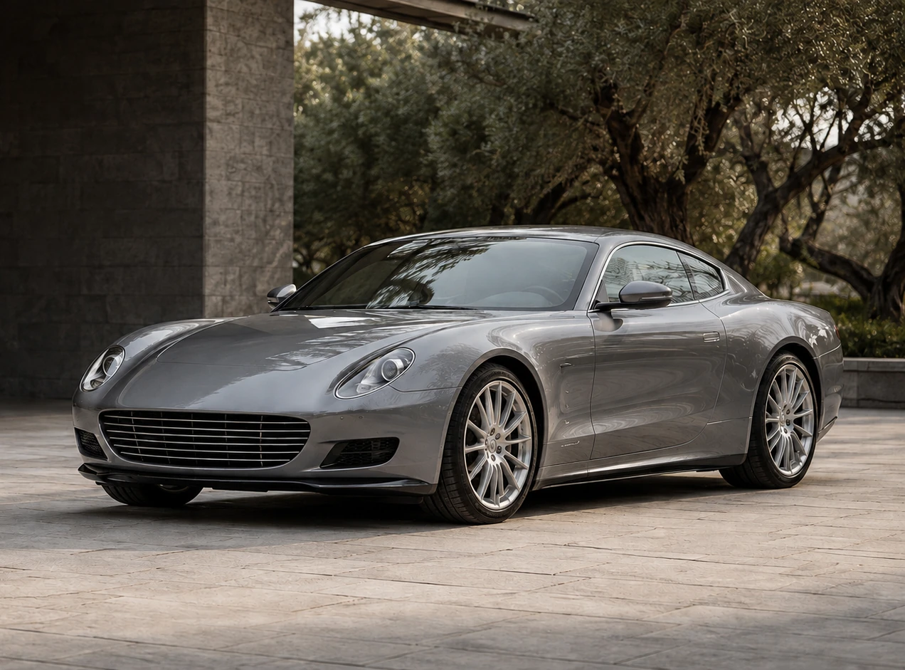 Graphite silver sports coupe with polished bodywork in a limestone courtyard.