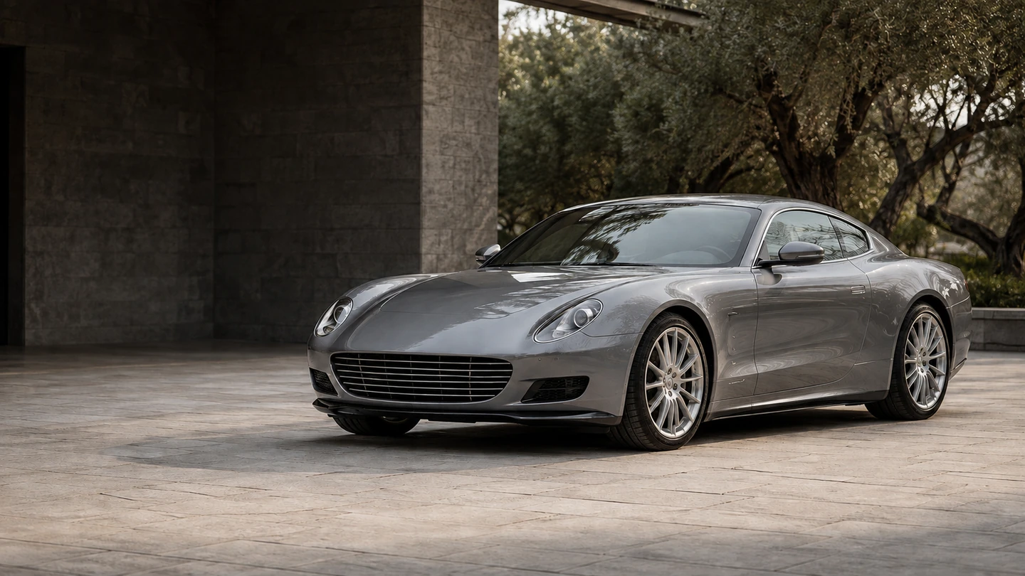 Graphite silver grand touring coupe in a quiet limestone courtyard, with olive trees in soft daylight.