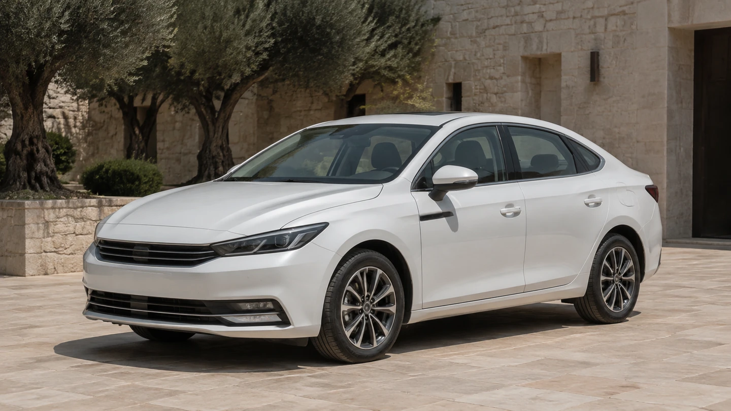 Pearl white compact sedan in a quiet limestone courtyard.