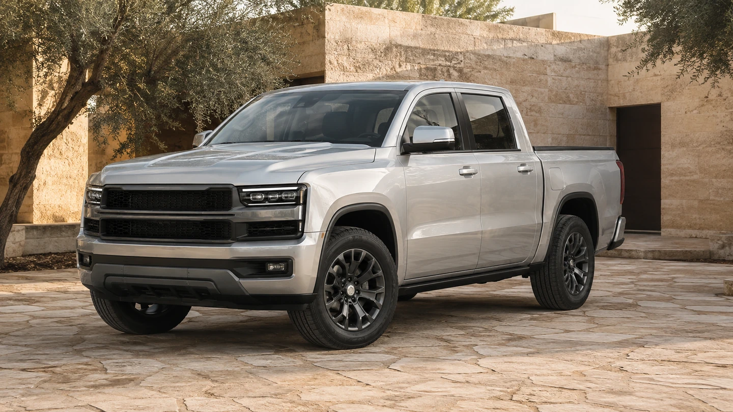 Silver crew-cab pickup truck in a sunlit limestone courtyard.