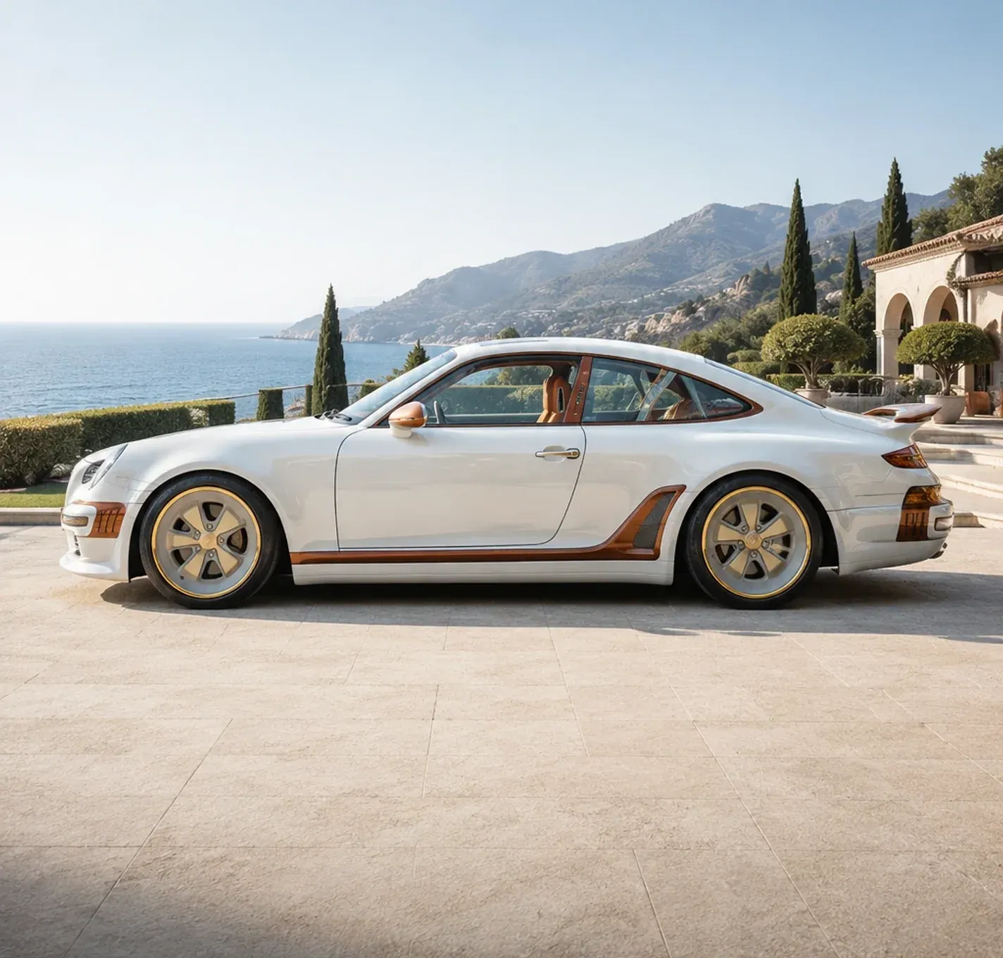 White sports coupe with copper accents photographed from the side.