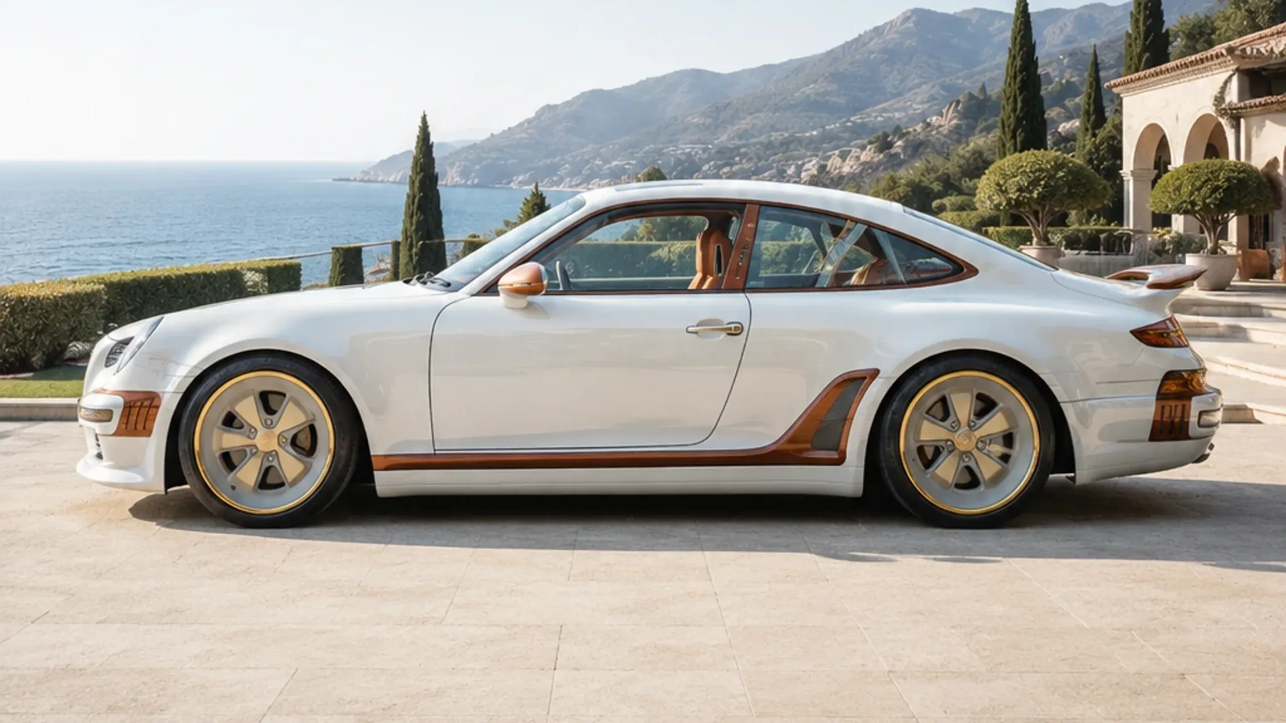 White sports coupe with copper accents on a stone terrace above the sea, a hillside villa behind it.