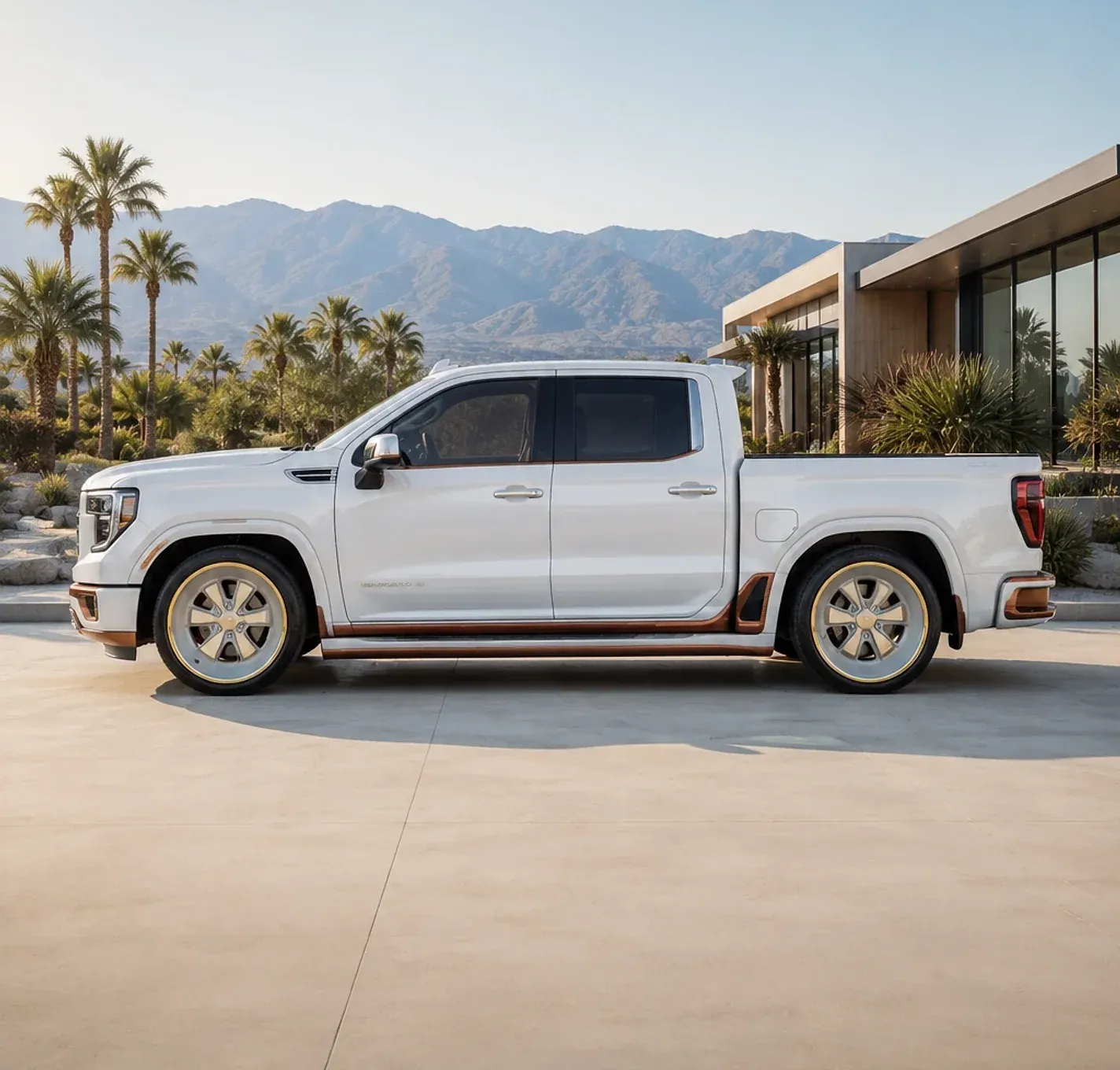 White crew-cab pickup truck on a concrete drive.
