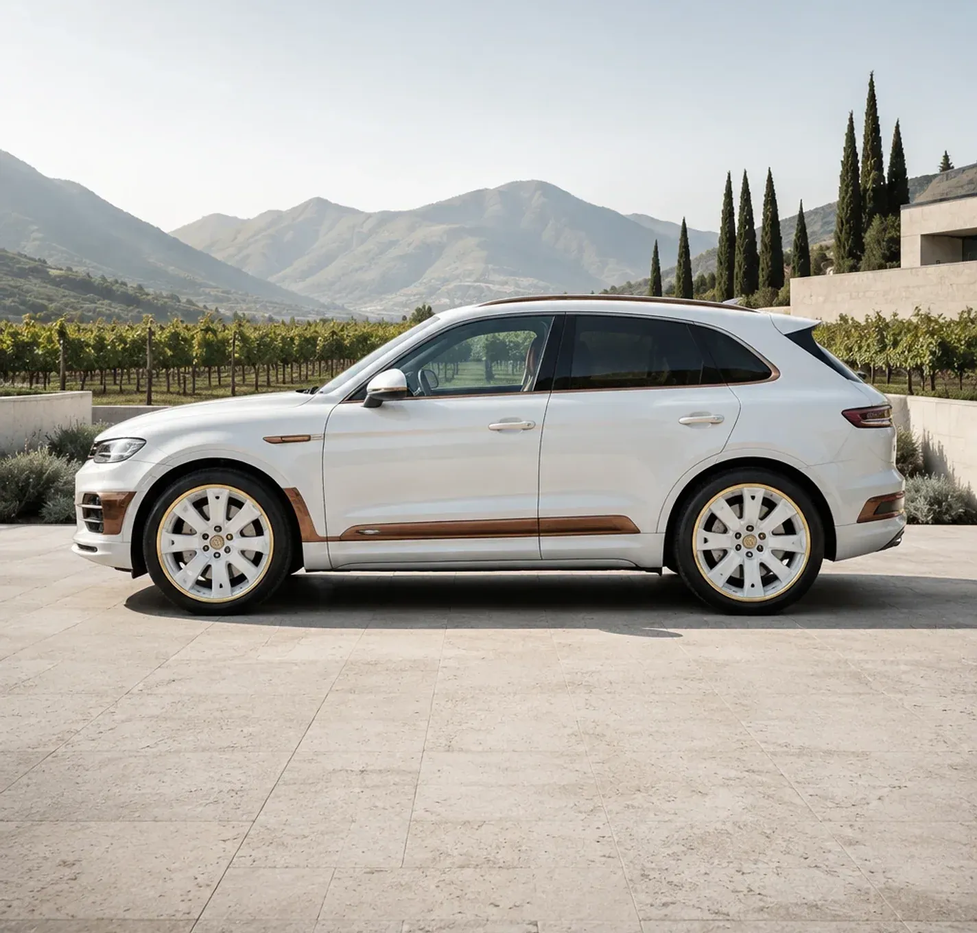 White premium SUV with copper trim above a vineyard.