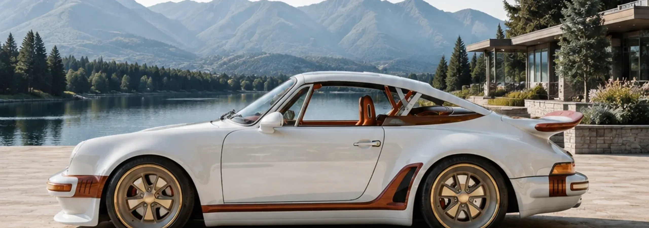 White sports coupe on a stone terrace beside a mountain lake, pines behind it.