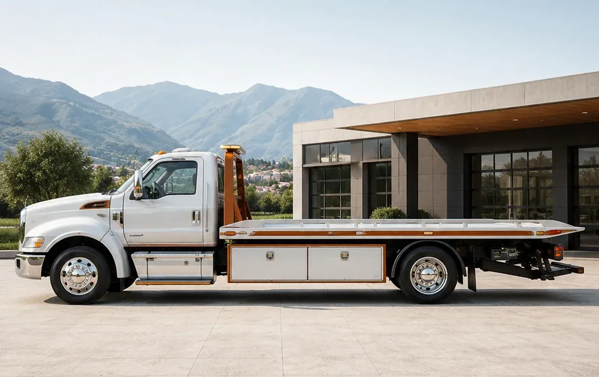 Modern dealership building with glass frontage, a white flatbed transporter parked at the entrance.