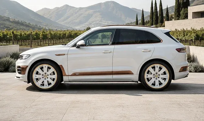 White premium SUV with copper trim on a stone terrace above a vineyard.